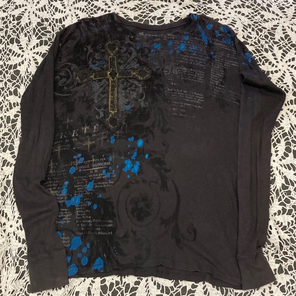 Monarchy Los Angeles Mens Long Sleeve Thermal Shirt Y2K Cross Graphic Black XL